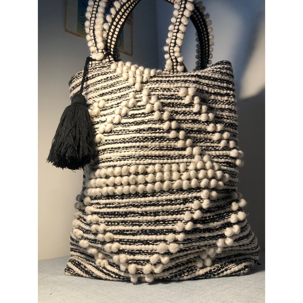 Extra Large Panache Accessories Boho Aztec Woven Tote Bag w Pom Detail 20x19inch